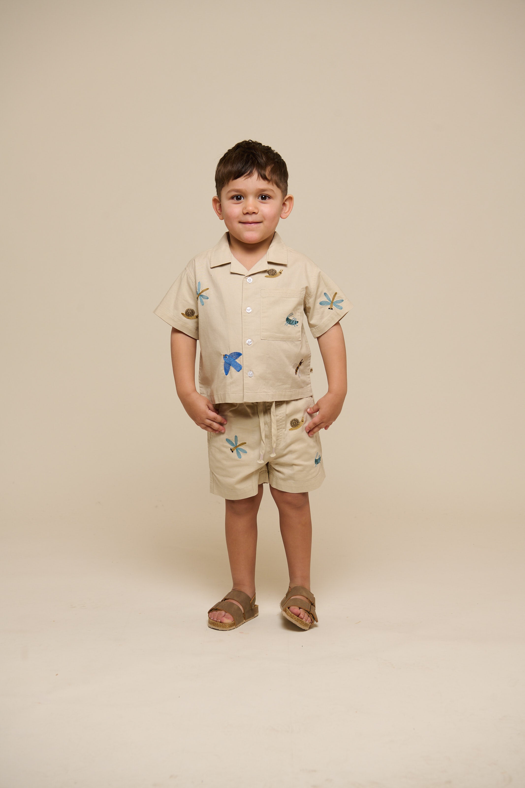 Embroidered Cotton Shorts - Kids - Light Beige | 101063 Erik