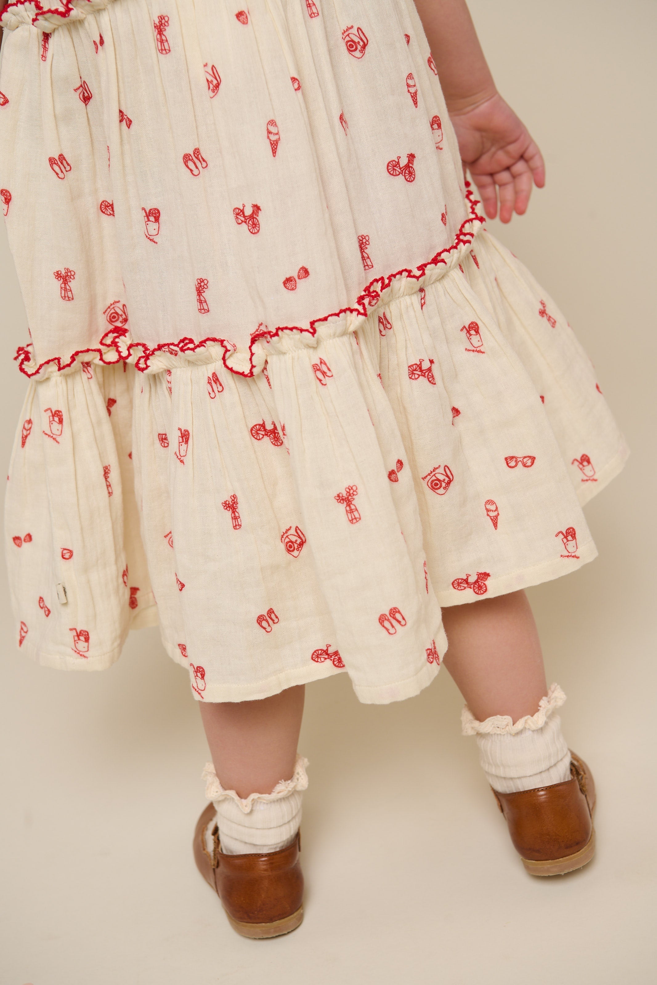 Bedrucktes Gaze-Kleid mit Kragen - Kids - Offwhite/Cherry Red | 100975 Fiona
