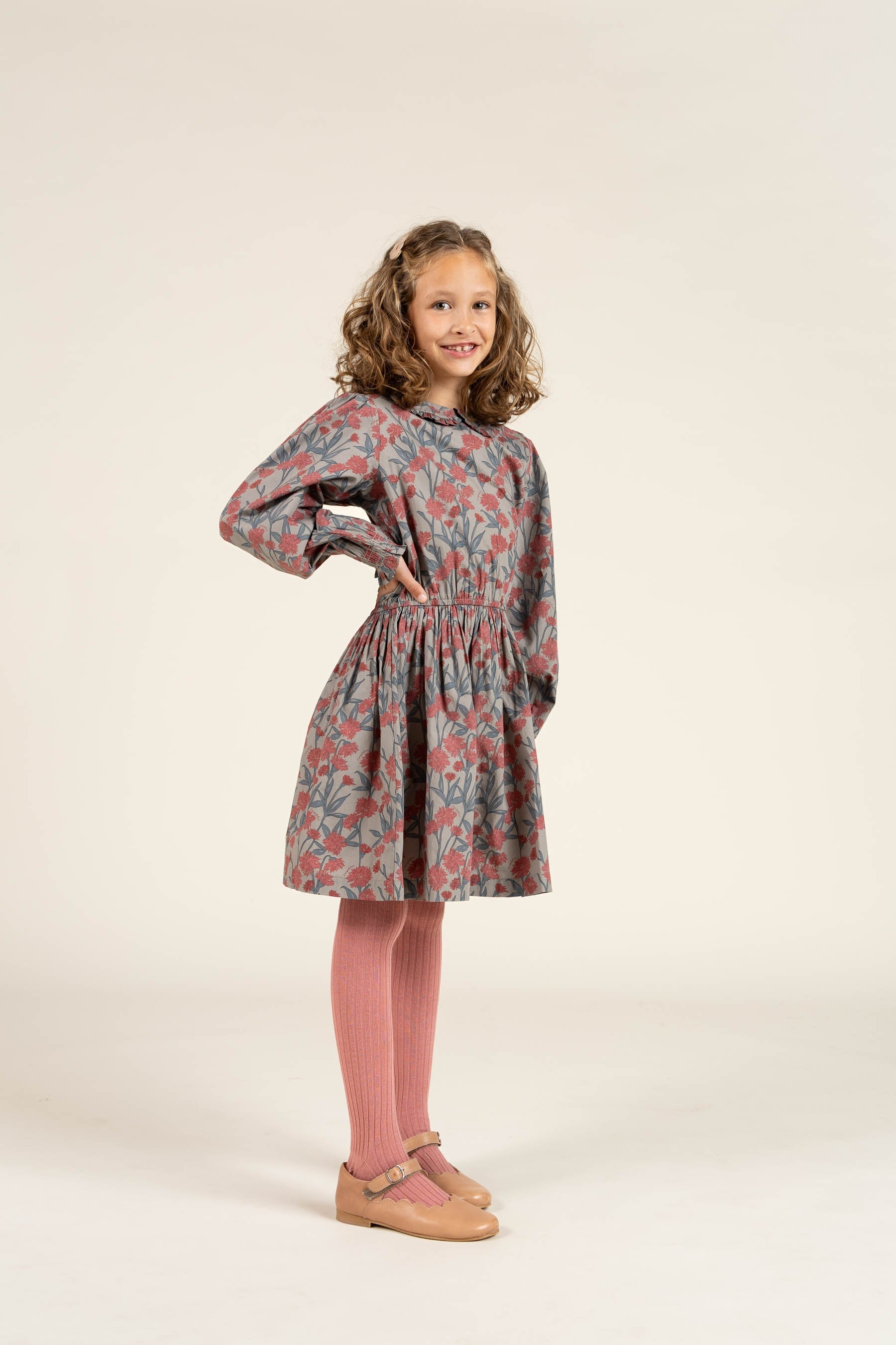 Bedrucktes Popeline-Kleid aus Baumwolle mit Gummizug in der Taille - Tween - Rose / Green | 100720 Amy
