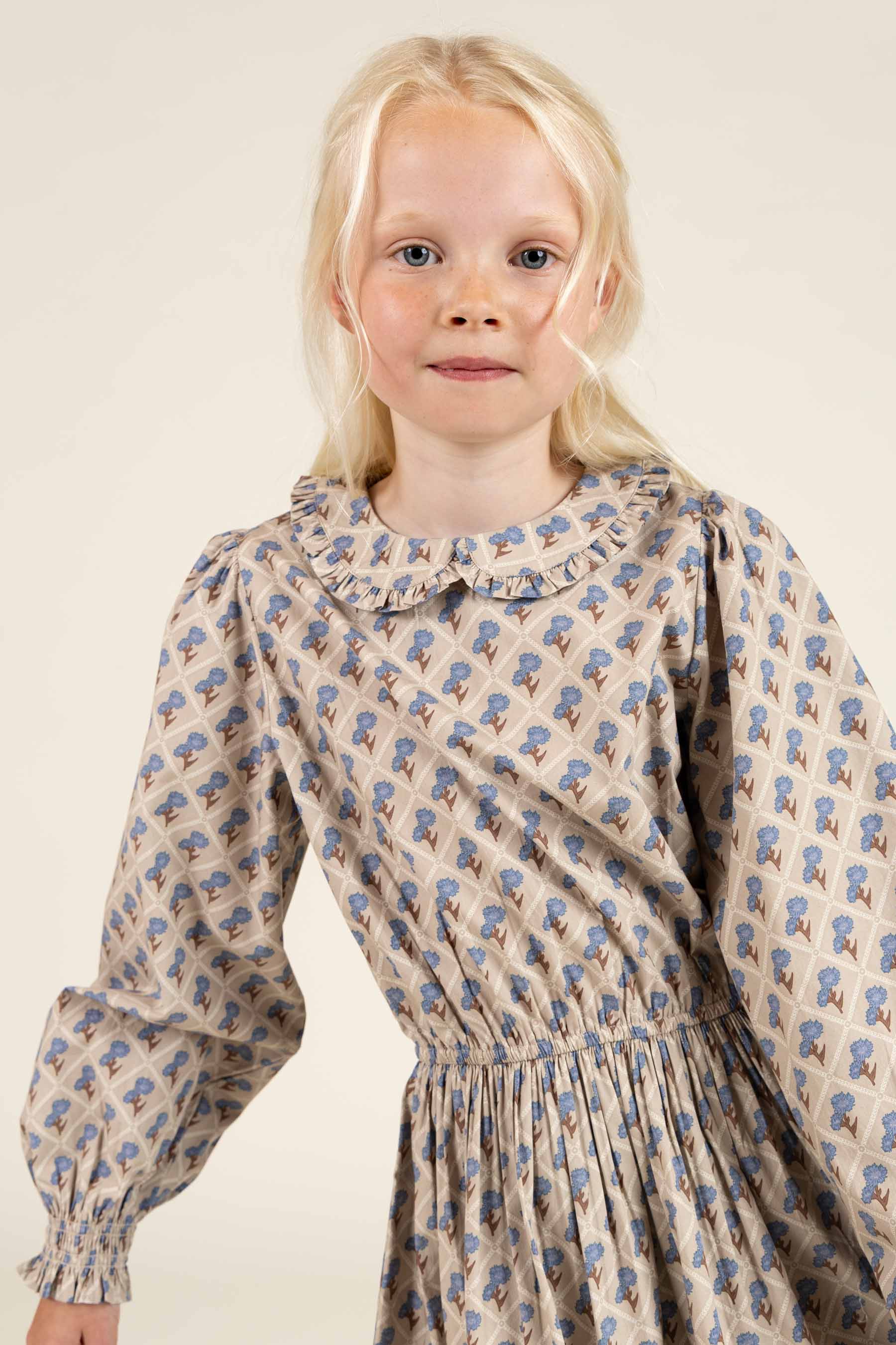 Bedrucktes Kleid aus Baumwollpopeline mit Gummizug in der Taille - Tween - Caffe Latte w. Blue | 100801 Amine