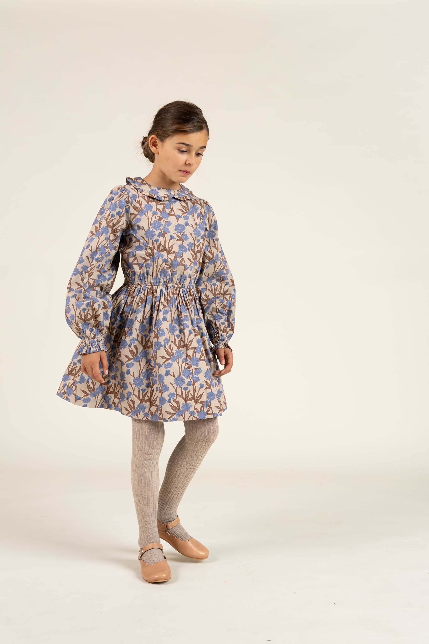 Bedrucktes Popeline-Kleid aus Baumwolle mit Gummizug in der Taille - Tween - Blue / Brown | 100719 Amy