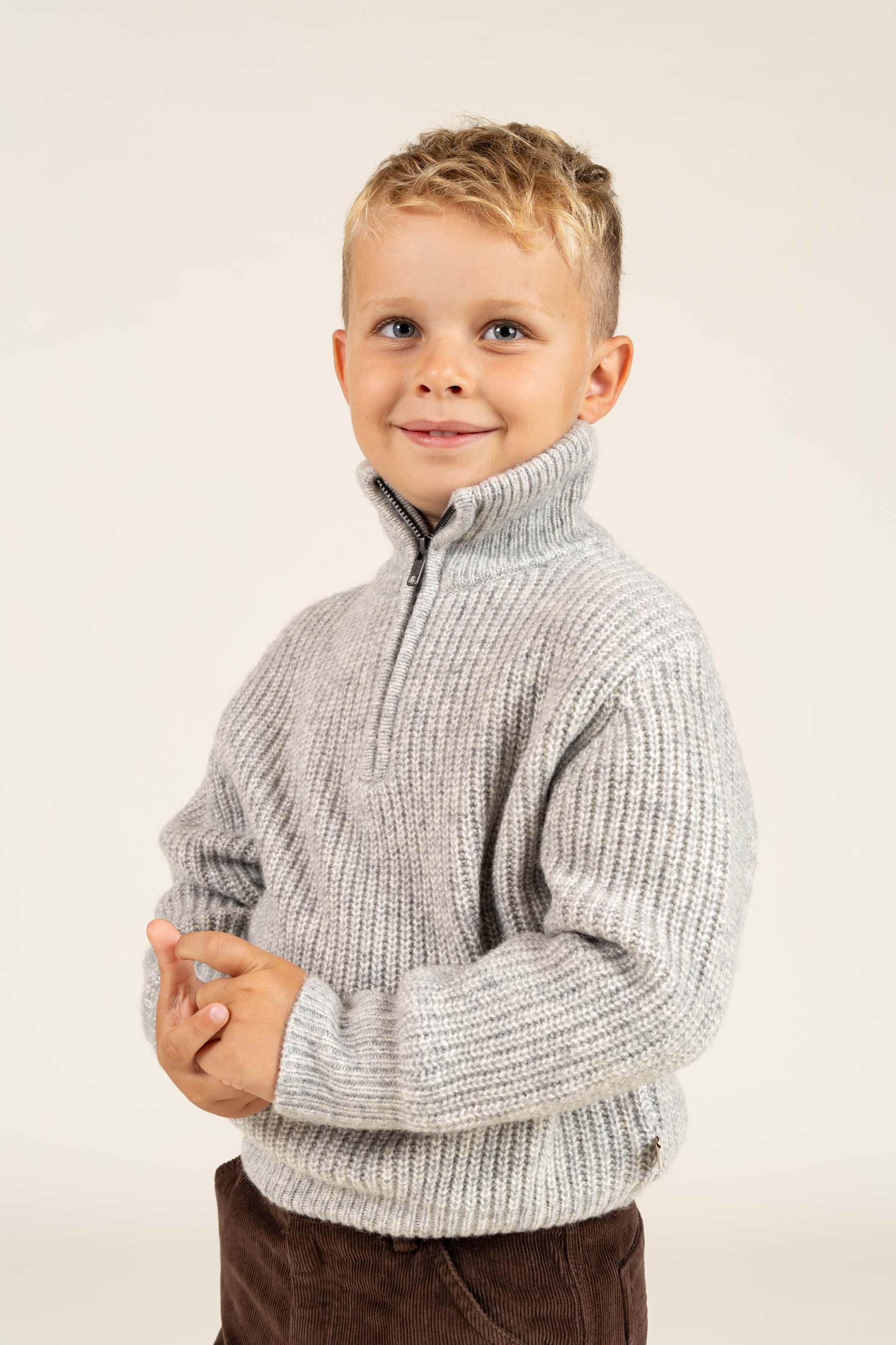 Woll Mix-Pullover mit halbem Reißverschluss - Kids - Grey Melange | 100752 Adam