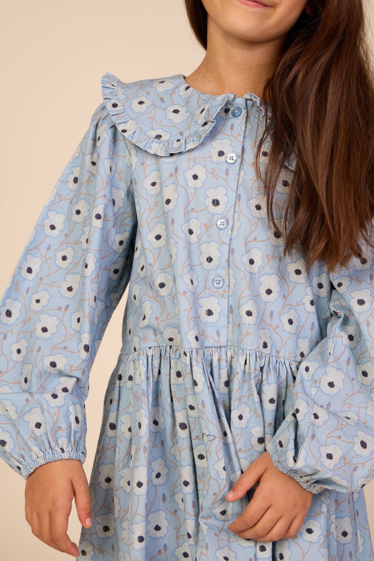 Geblümtes Baumwollkleid mit Rüschenkragen Tween - Blue/Brown | 101428 Nova