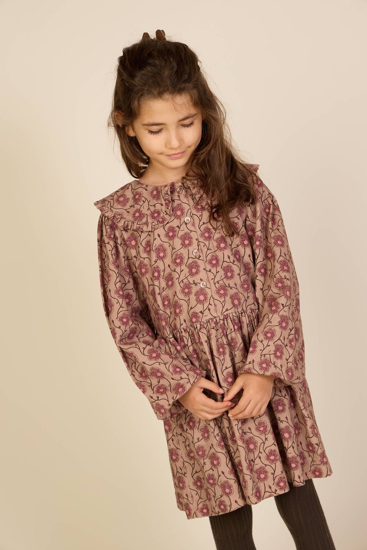 Geblümtes Baumwollkleid mit Rüschenkragen Tween - Rose/Bordeaux | 101426 Nova