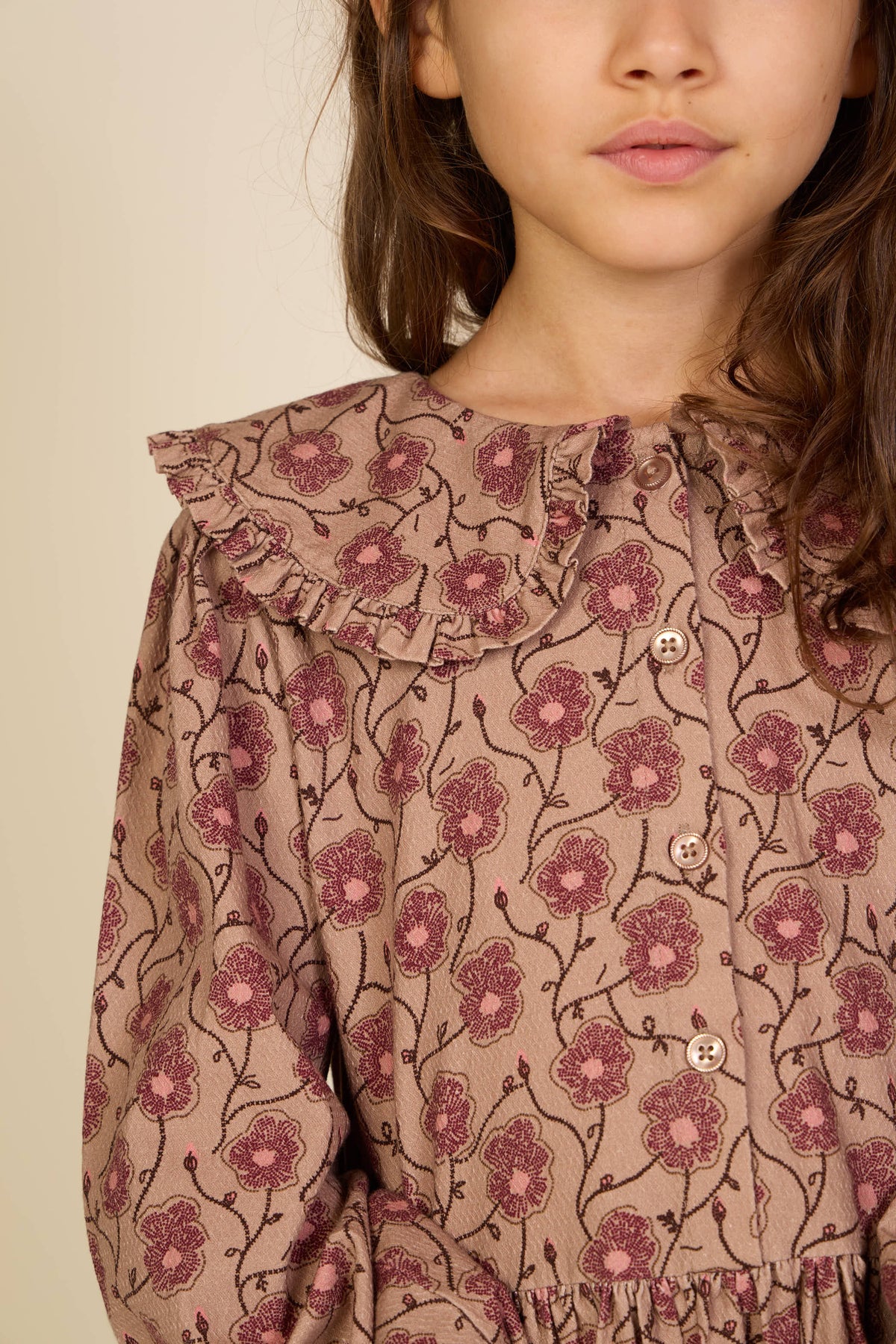 Geblümtes Baumwollkleid mit Rüschenkragen Tween - Rose/Bordeaux | 101426 Nova